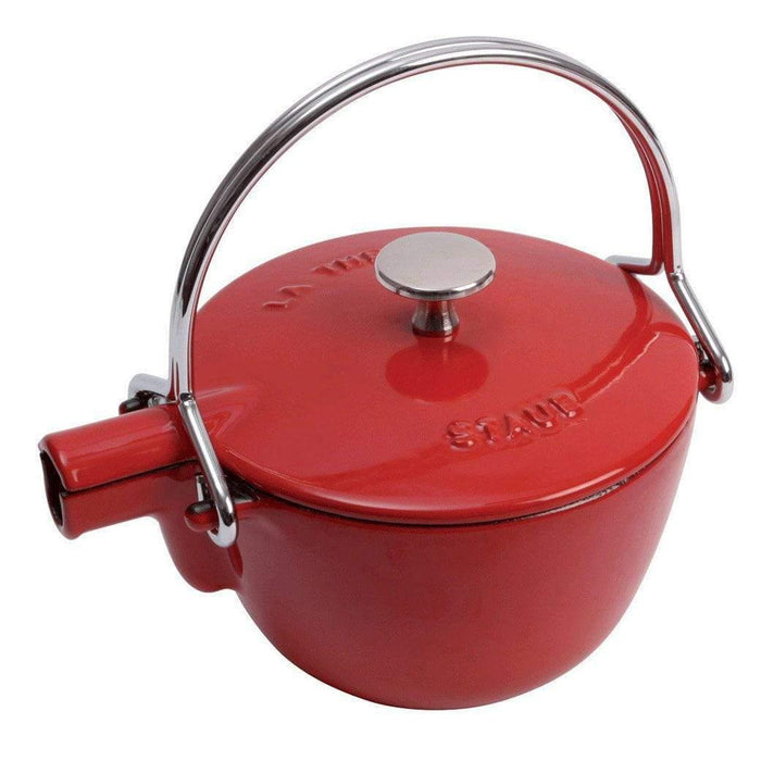 Cherry Staub Cast Iron 1-qt Round Tea Kettle displayed on a white background