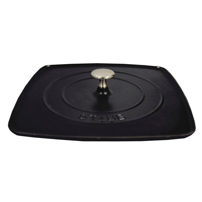 Staub Cast Iron 10.3″ Square Grill Press - Matte Black (Fits 12″ Grill Pan) displayed on a white background