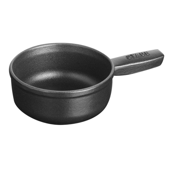 Matte black Staub Cast Iron 12-oz Mini Cheese Fondue Pot displayed on a white background