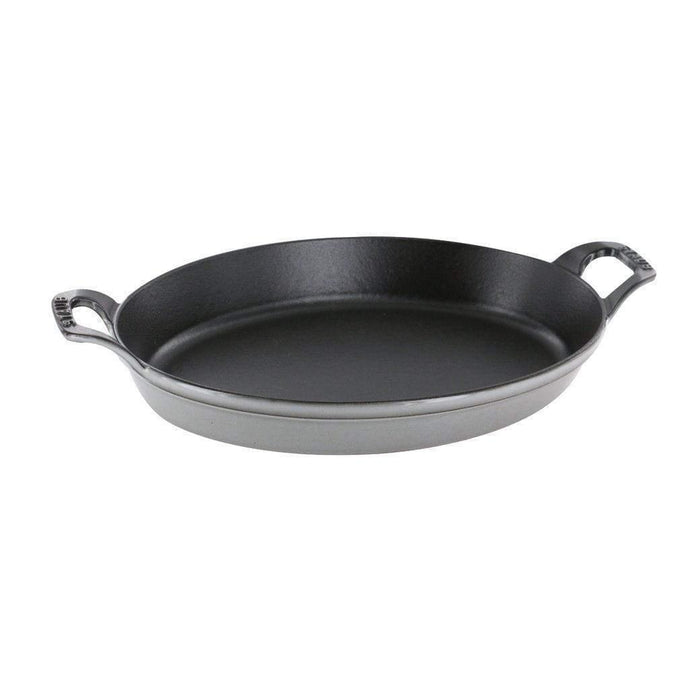 Graphite grey Staub Cast Iron 14.5″ X 11.2″ Oval Baking Dish displayed on a white background