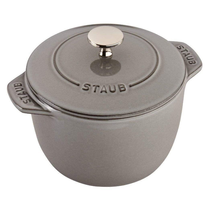 Graphite grey Staub Cast Iron 1.5-qt Petite French Oven displayed on a white background