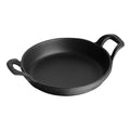 Matte black Staub Cast Iron 4.5″ Mini Round Gratin Baking Dish displayed on a white background