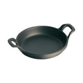 Matte black Staub Cast Iron 7.5″ Round Gratin Baking Dish displayed on a white background