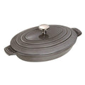 Graphite grey Staub Cast Iron 9″ x 6.6″ Oval Covered Baking Dish displayed on a white background