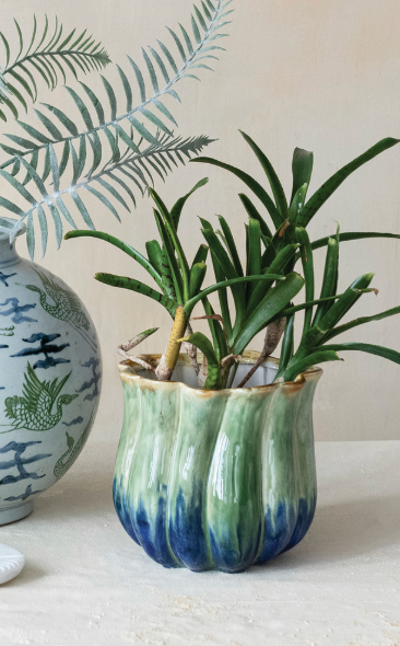 Stoneware fluted planter, Green & Blue (Holds 4" Pot)