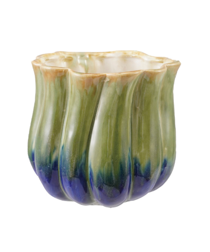 Stoneware fluted planter, Green & Blue (Holds 4" Pot)