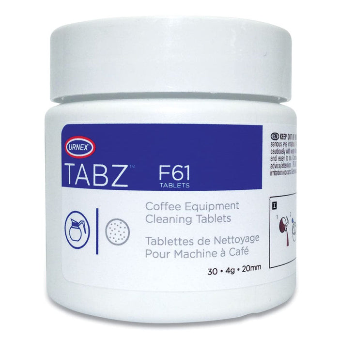 Jar of Urnex TABZ F61 coffee equipment cleaning tablets on a white background