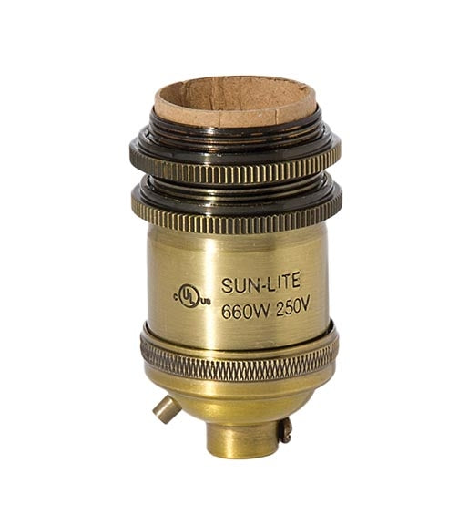 Tall Keyless Brass Lamp Socket with Ground Screw Terminal, Antique Brass Finish, Long UNO Threads