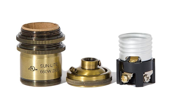 Tall Keyless Brass Lamp Socket with Ground Screw Terminal, Antique Brass Finish, Long UNO Threads