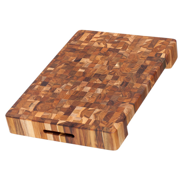 Top view of TeakHaus Cutting Boards Proteak End Grain Cutting Board with Hand Grip and Bowl Cut-out, 20" x 14" x 2.5" displayed on a white background