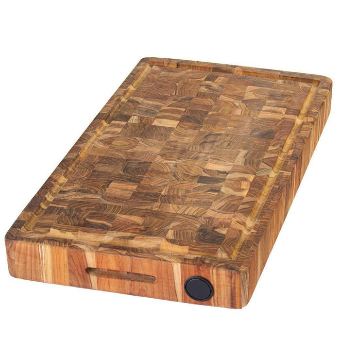 Teakhaus End Grain Cutting Board with Hand Grip, Juice Canal, and Knife Honer (20 x 14 x 2.5″) displayed on a white background