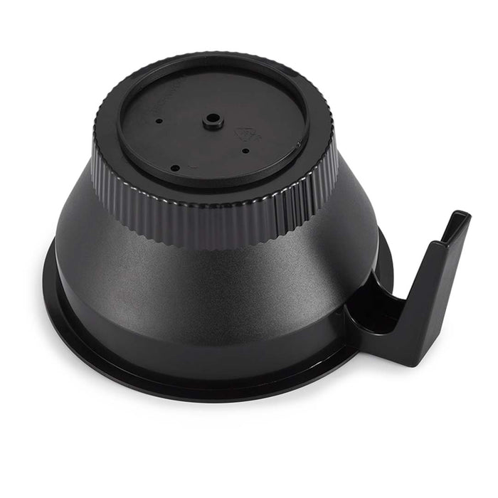 Bottom view of black Technivorm Moccamaster brew basket displayed on a white background