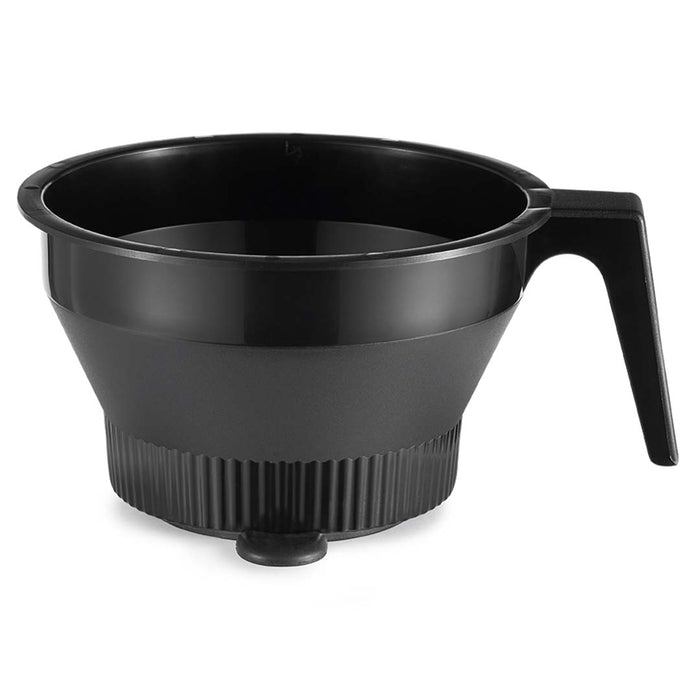 Side view of black Technivorm Moccamaster brew basket displayed on a white background