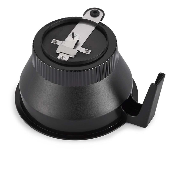 Bottom view of black Technivorm Moccamaster brew basket with a metal part displayed on a white background