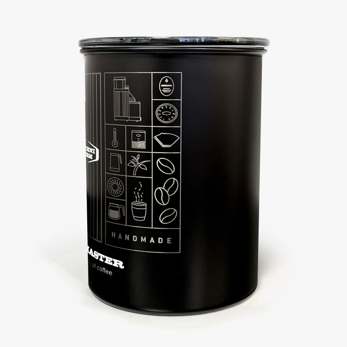 Side view of Black Moccamaster coffee storage canister with Technivorm branding on a white background