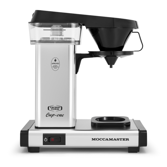 Front view of polished silver Technivorm Moccamaster coffee machine