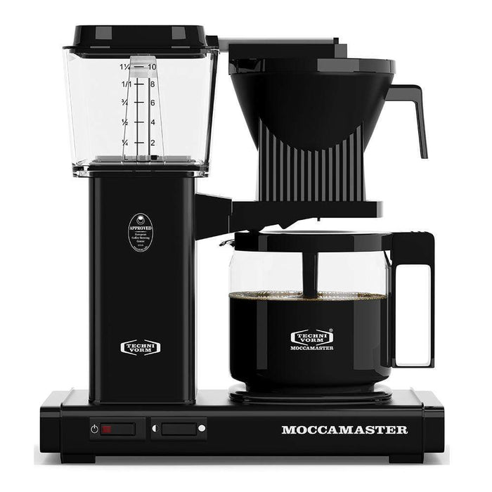 Front view of Black Technivorm Moccamaster KBG 741 Coffee Brewer with coffee filled carafe displayed on a white background