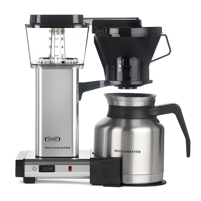 Front view of polished silver Technivorm Moccamaster KBTS 741 Coffee Brewer displayed on a white background