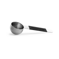 Metal measuring spoon with black handle on a white background