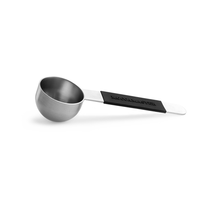 Metal measuring spoon with black handle on a white background