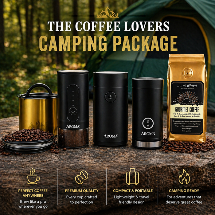 Camping package for coffee lovers with Aroma coffee maker, accessories and coffee beans, set against a forest background.