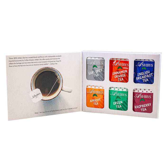 Assorted Ashby's tea bags in a display box on a white background