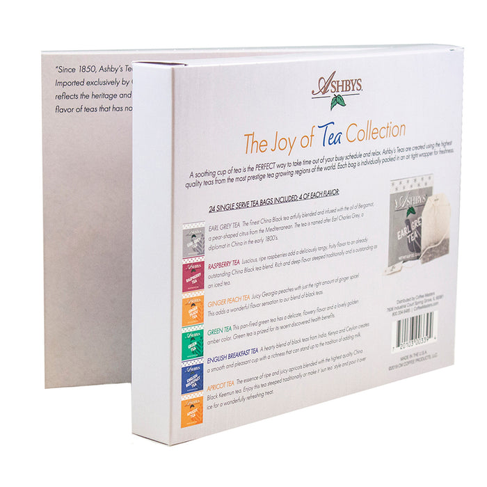 Tea box packaging with 'The Joy of Tea Collection' text and product details on a white background.