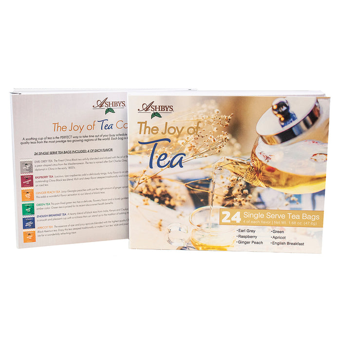 Ashby's 'The Joy of Tea' packaging with tea bags and a glass of tea on a white background