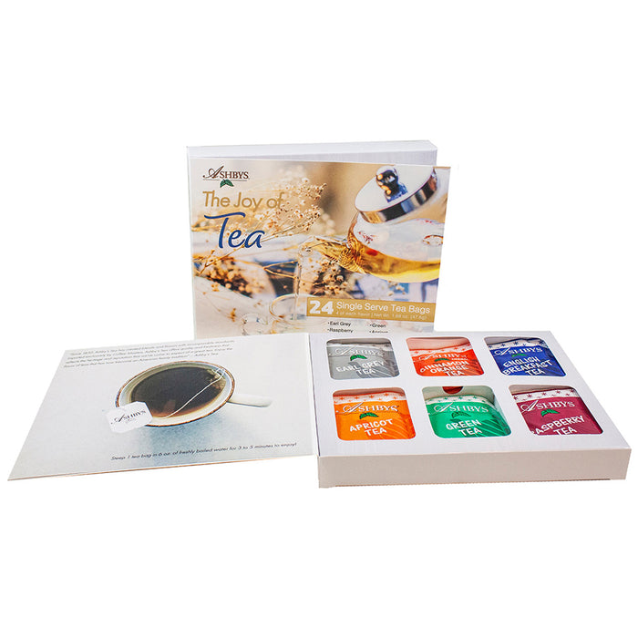 Tea bag set with colorful packaging and a leaflet on a white background