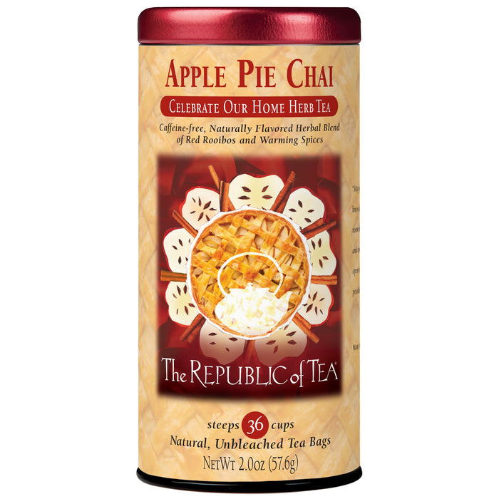 Tea canister labeled 'Apple Pie Chai' from 'The Republic of Tea' on a white background