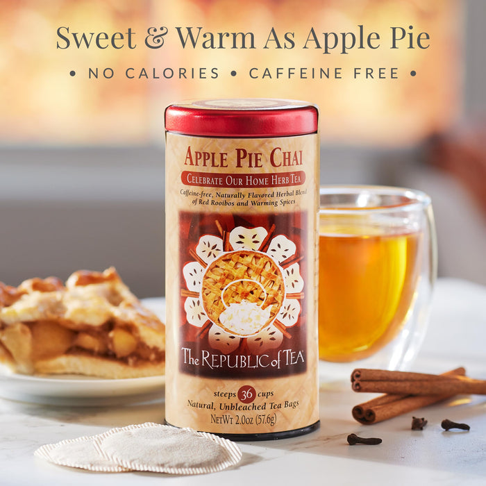 Can of Apple Pie Chai tea from The Republic of Tea with a cup of tea and apple pie in the background.