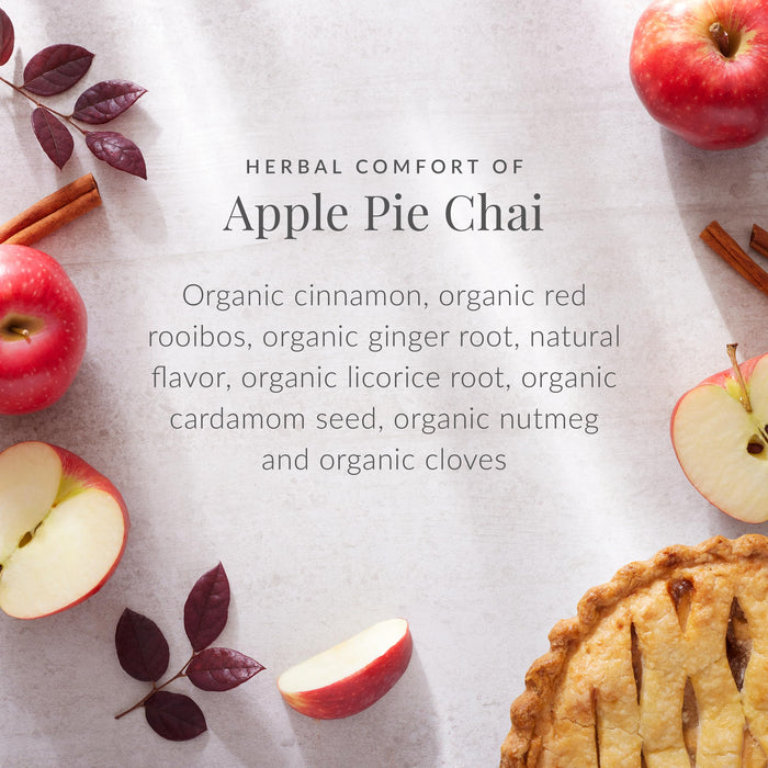 Promotional image for 'Herbal Comfort of Apple Pie Chai' with apples, cinnamon, and a slice of pie on a light background.