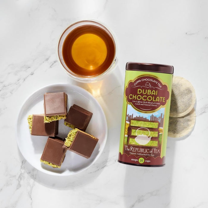 Chocolate bars on a plate with a can of Dubai Chocolate tea from The Republic of Tea.