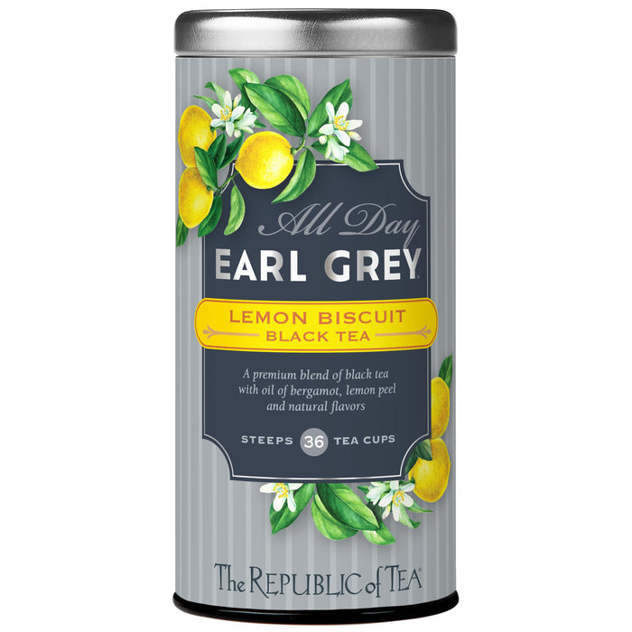 Tea canister labeled 'All Day Earl Grey Lemon Biscuit Black Tea' by The Republic of Tea on a white background.