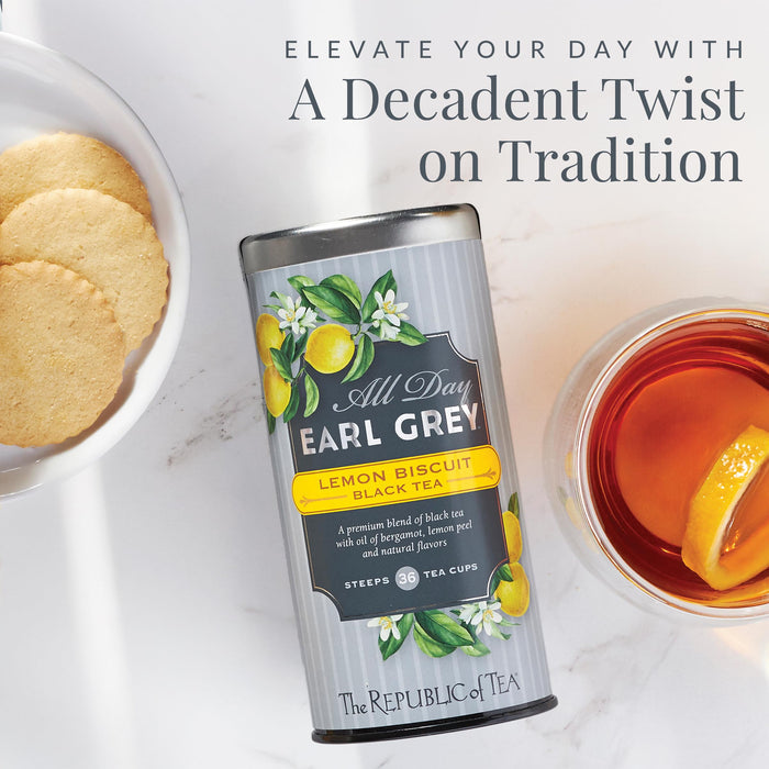 Tea canister labeled 'All Day Earl Grey' with lemon and biscuit design, surrounded by tea and cookies.