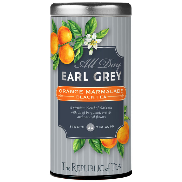 Tea canister labeled 'All Day Earl Grey Orange Marmalade Black Tea' by The Republic of Tea on a white background.