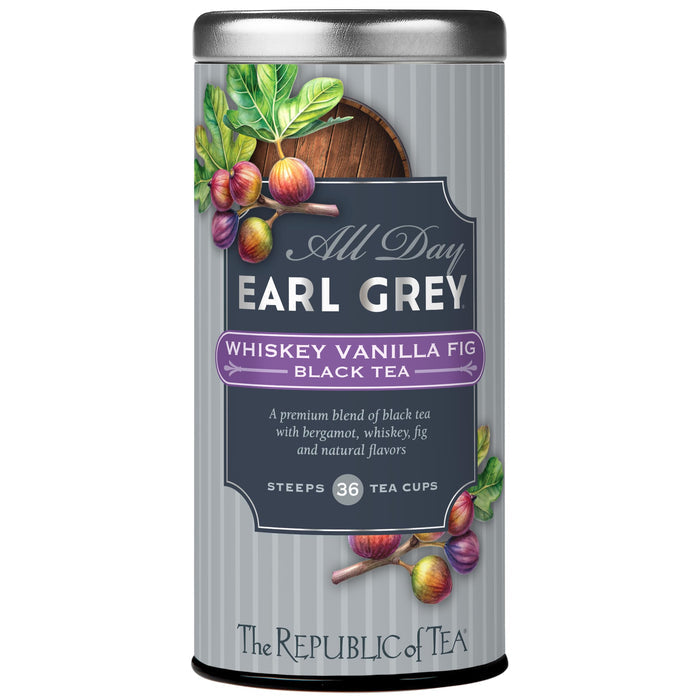 Tea canister labeled 'All Day Earl Grey Whiskey Vanilla Fig Black Tea' by The Republic of Tea on a white background.