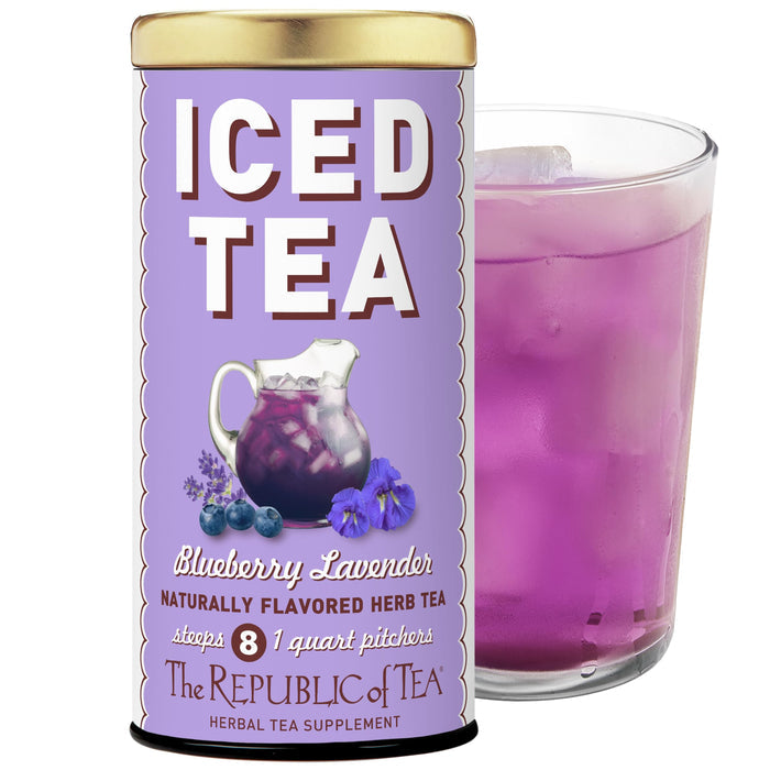 Purple canister of 'ICED TEA' with a glass of purple iced tea on a white background