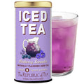 Purple canister of 'ICED TEA' with a glass of purple iced tea on a white background