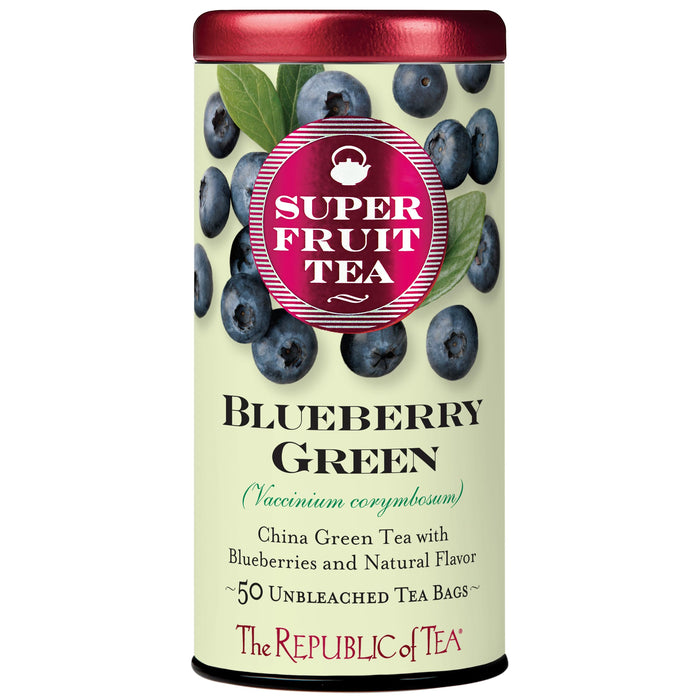 Super Fruit Tea canister with blueberries and 'The Republic of Tea' branding on a white background