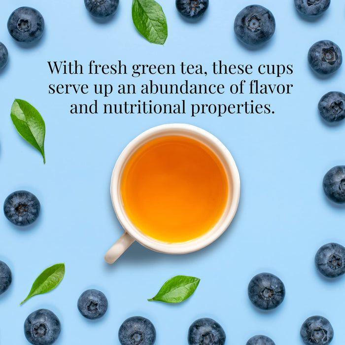 Cup of tea surrounded by blueberries and leaves on a light blue background with text about green tea.