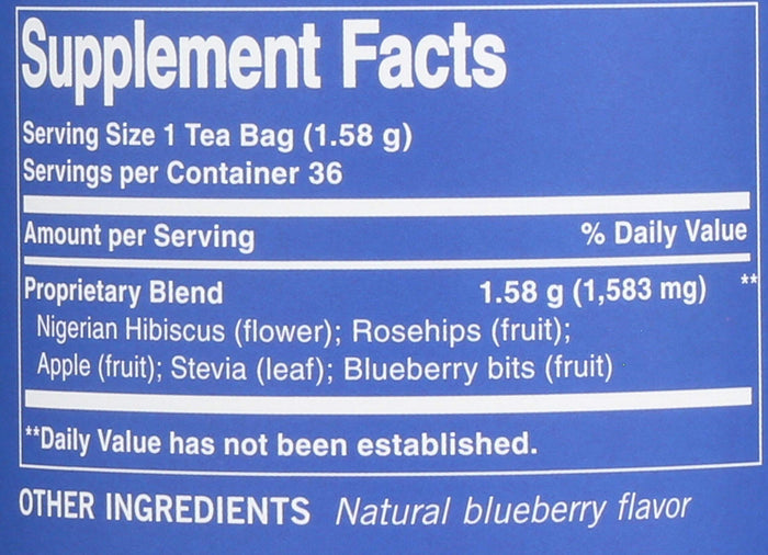 Supplement facts label for a tea product with ingredients listed on a blue background