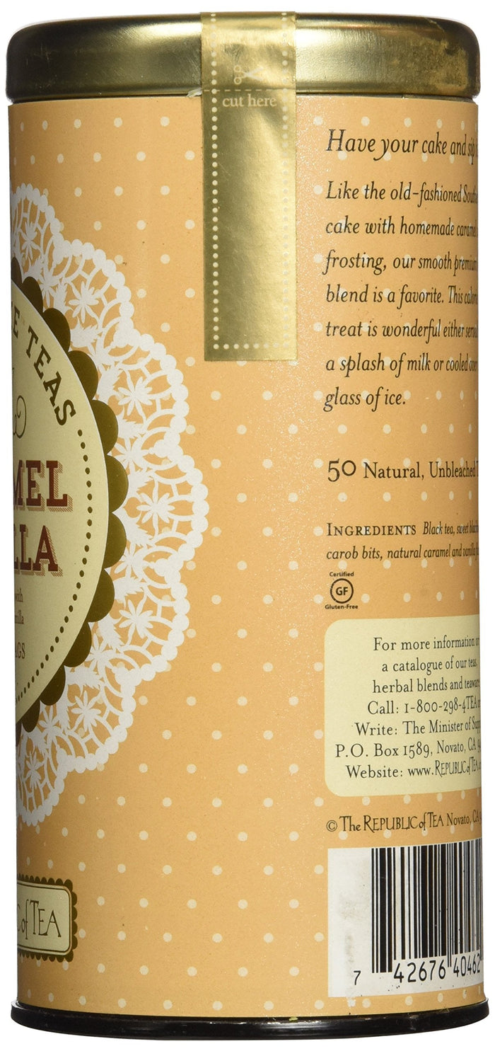 Tea canister with decorative design and text on a beige background