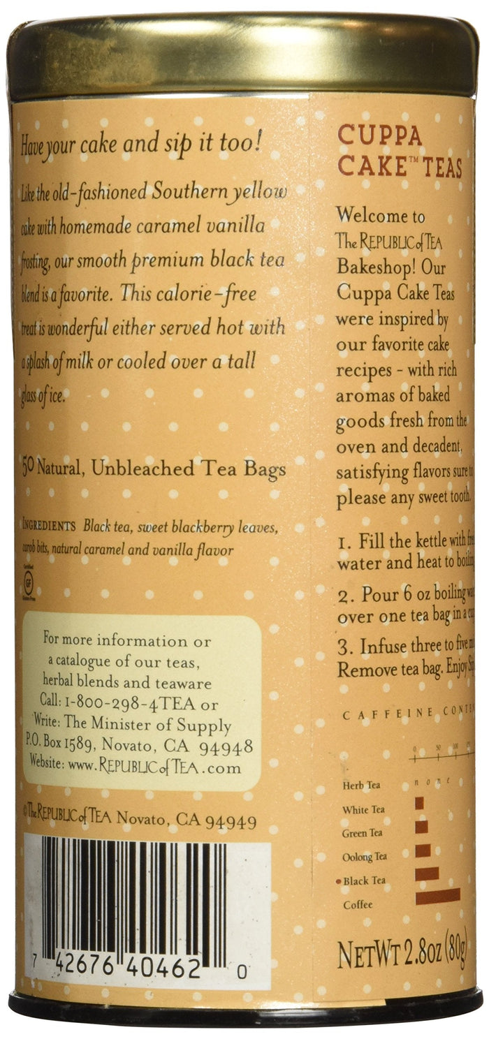Cuppa Cake Teas canister with text and branding on a beige background
