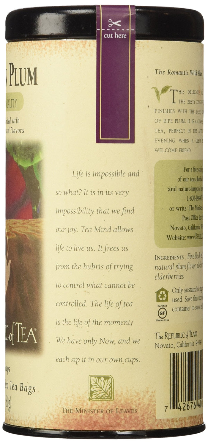 Tea canister with plum flavor packaging on a beige background