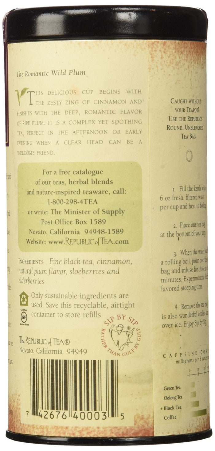 Tea canister with text and branding on a beige background