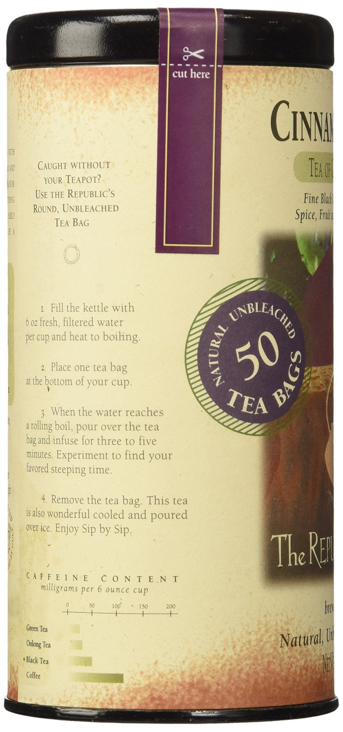 Tea canister with 'Cinnamon' flavor label on a beige background
