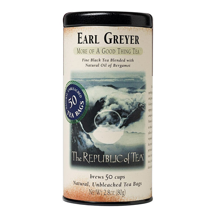 The Republic of Tea Earl Greyer Bags canister displayed on a white background