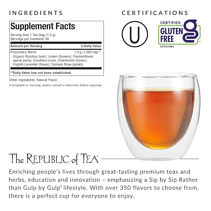 Tea packaging with supplement facts, certifications, and a glass of tea.
