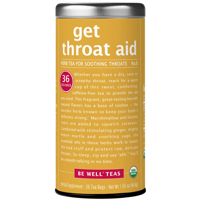 Tin of The Republic of tea get throat aid tea displayed on a white background